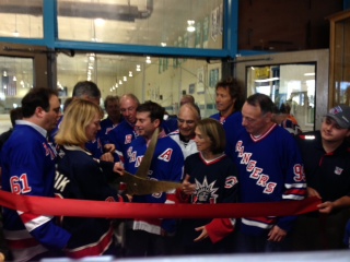 NY Rangers Alumni and Long Beach City Officials cut the ribbon officially reopening the Long Beach Ice Arena